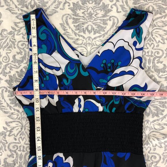 Rabbit Rabbit Rabbit Blue Floral Fit & Flare Dress Sleeveless Black Trim V Neck - Picture 10 of 16